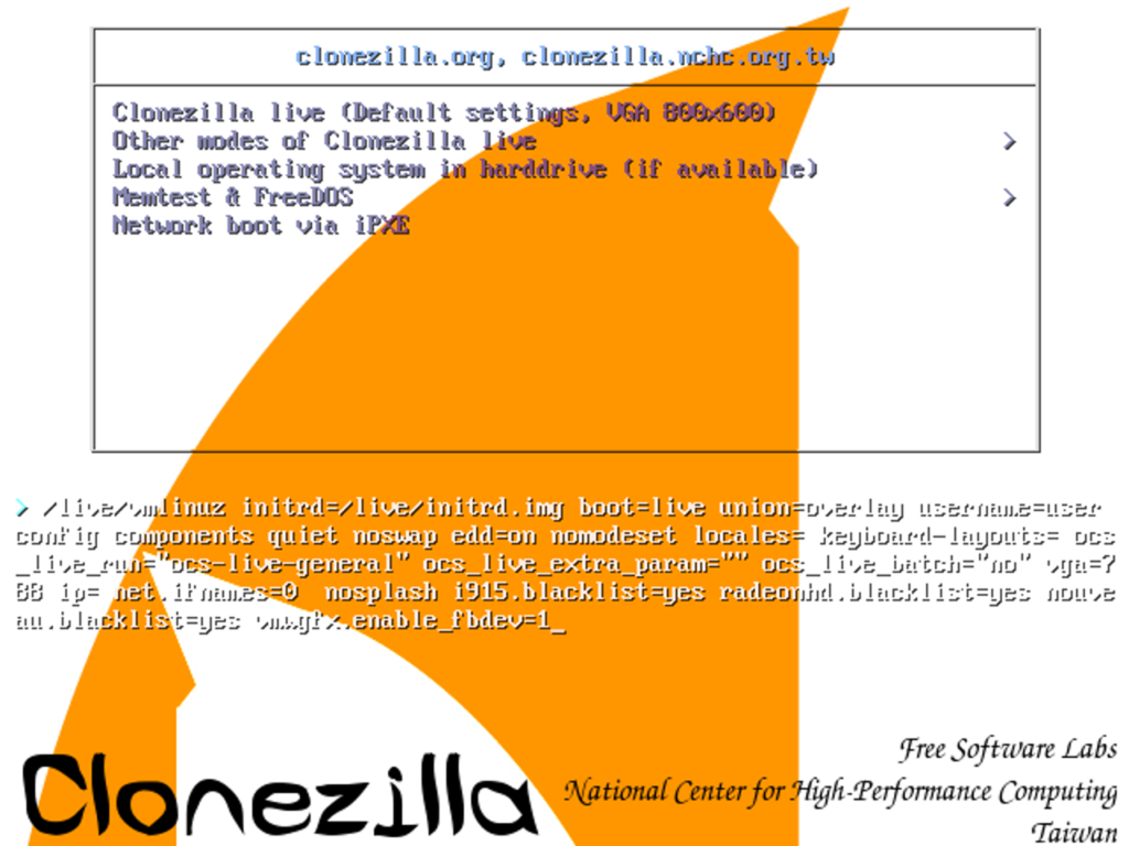 Startmenü von Clonezilla