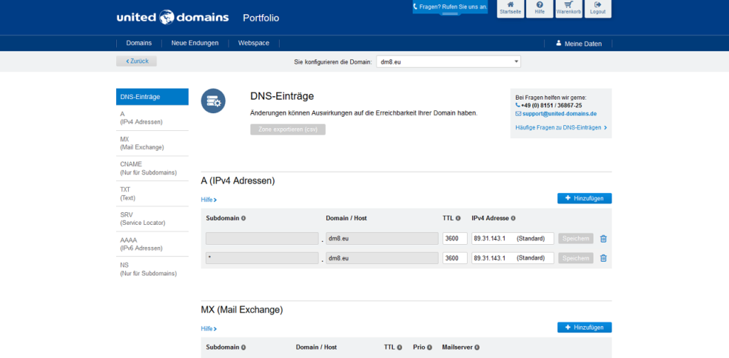 Konfiguration des Zugriffs über Subdomains - Konfiguration der DNS-Einträge