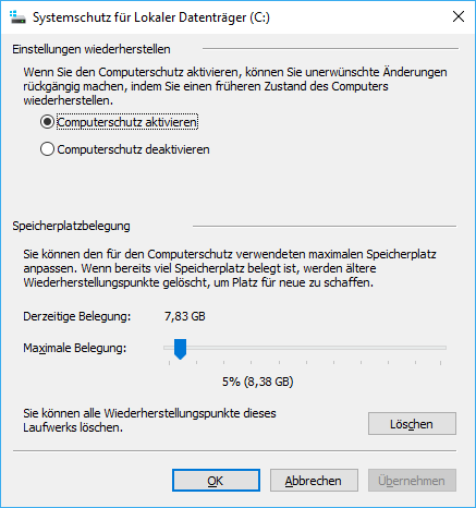 Computerschutz in der Windows Systemsteuerung