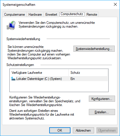 Fenster des Windows Computerschutzes