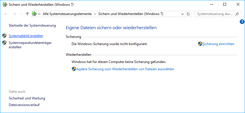 Erstellung eines Systemabbilds über die Windows Systemsteuerung