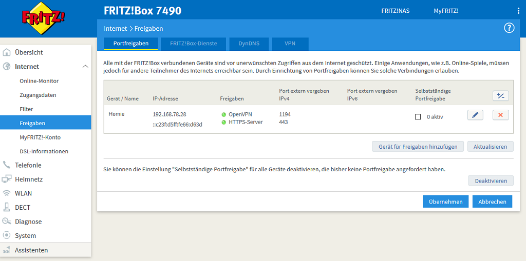 Verwaltung von Portfreigaben in Fritz!Boxen von AVM