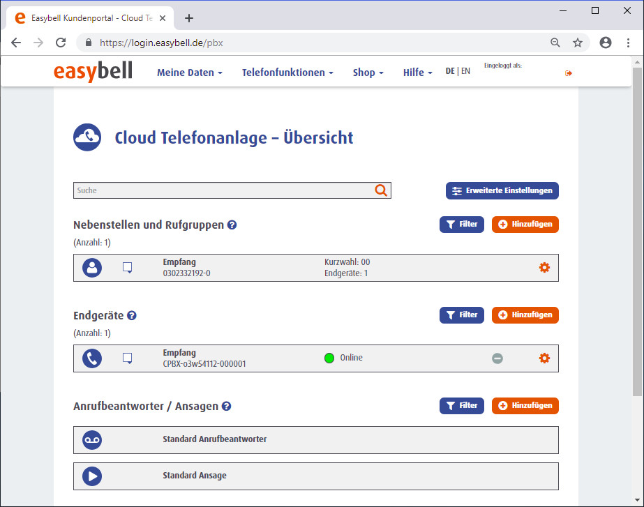 Eingerichtetes Telefon in easybell Cloud