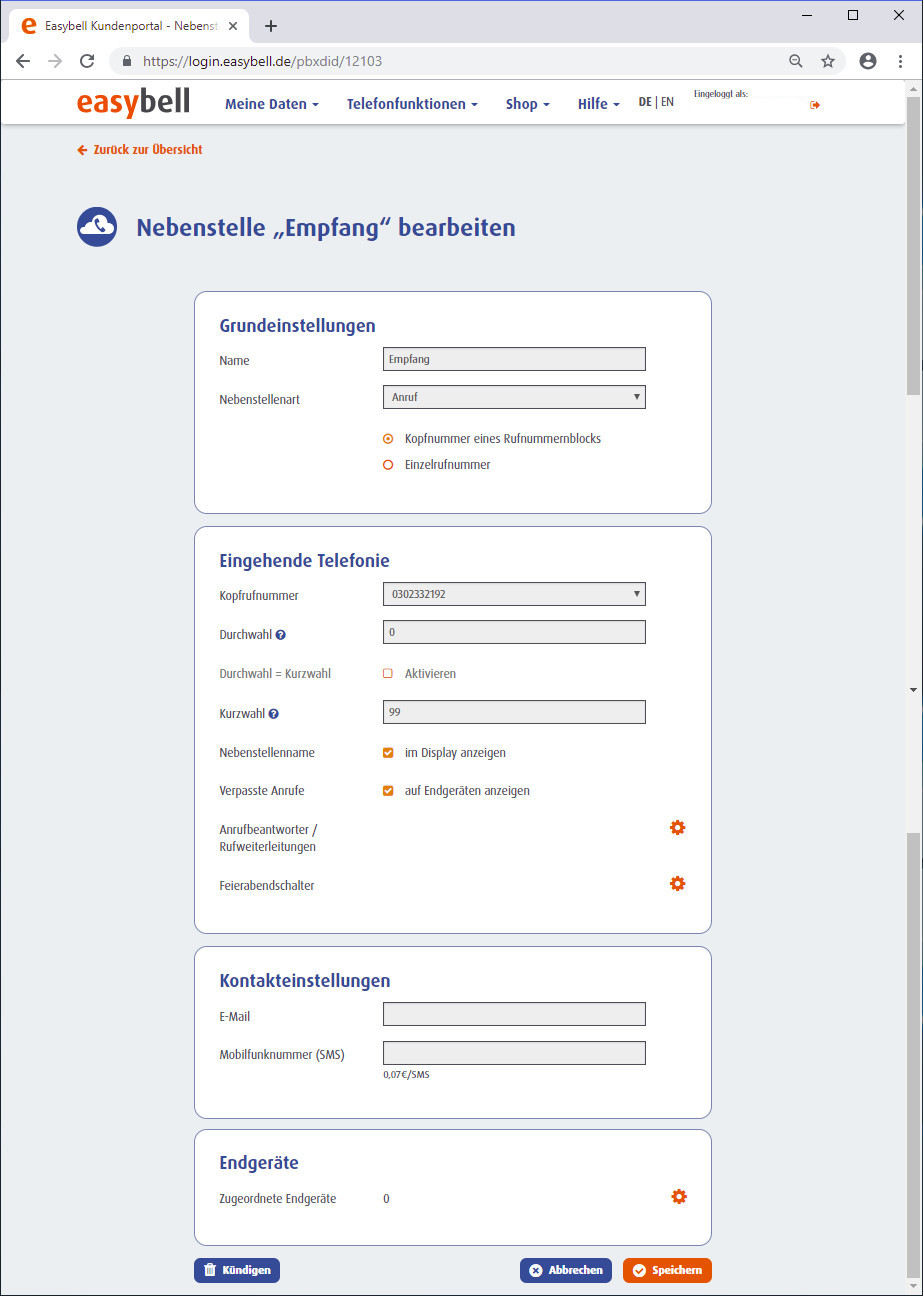 Einrichtung einer Nebenstellen in der easybell Cloud Telefonanlage