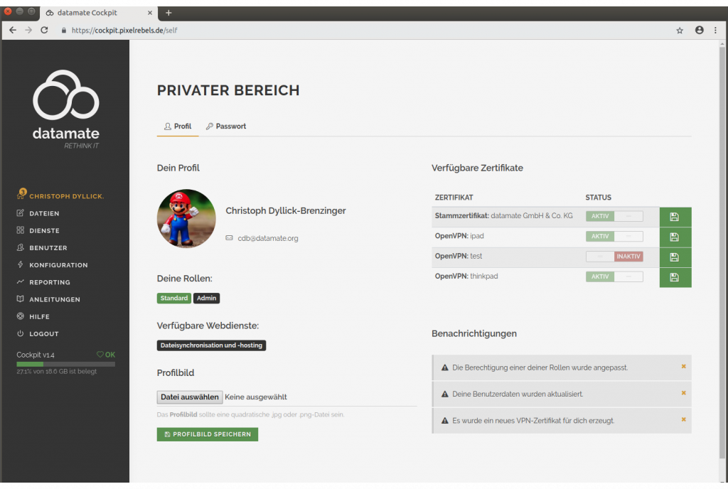 Download des Stammzertifikats aus dem datamate Cockpit