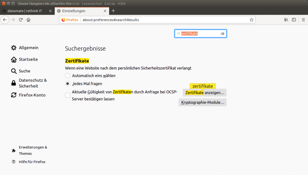 Zertifikatsverwaltung unter Firefox