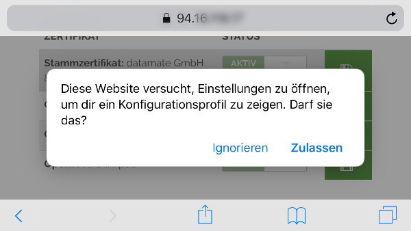 iOS fragt vor dem Zertifikatsimport um Erlaubnis