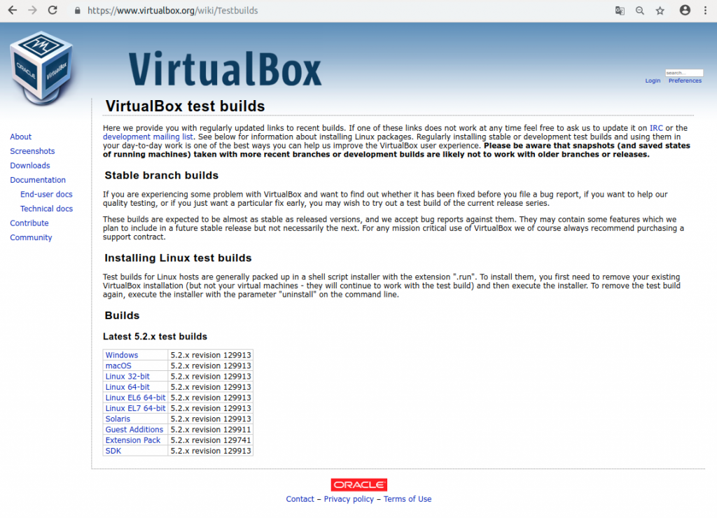 Testbuilds erhält man auf der Seite von Virtualbox