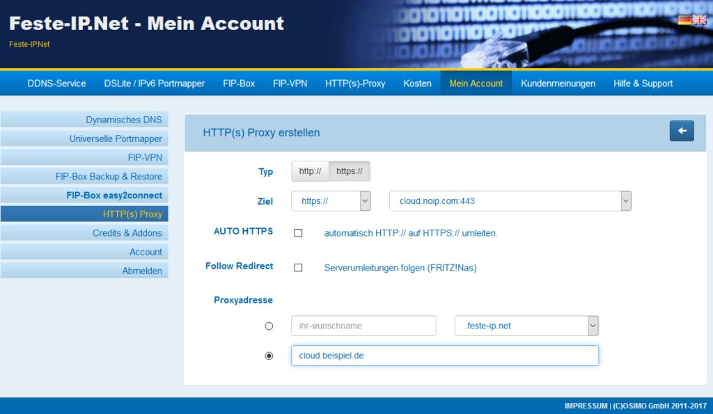 Eingerichteter HTTP-Proxy mit eigner Subdomain