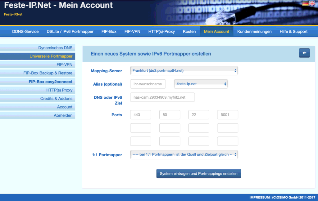 Einrichtung eines Portmappers in feste-ip.net