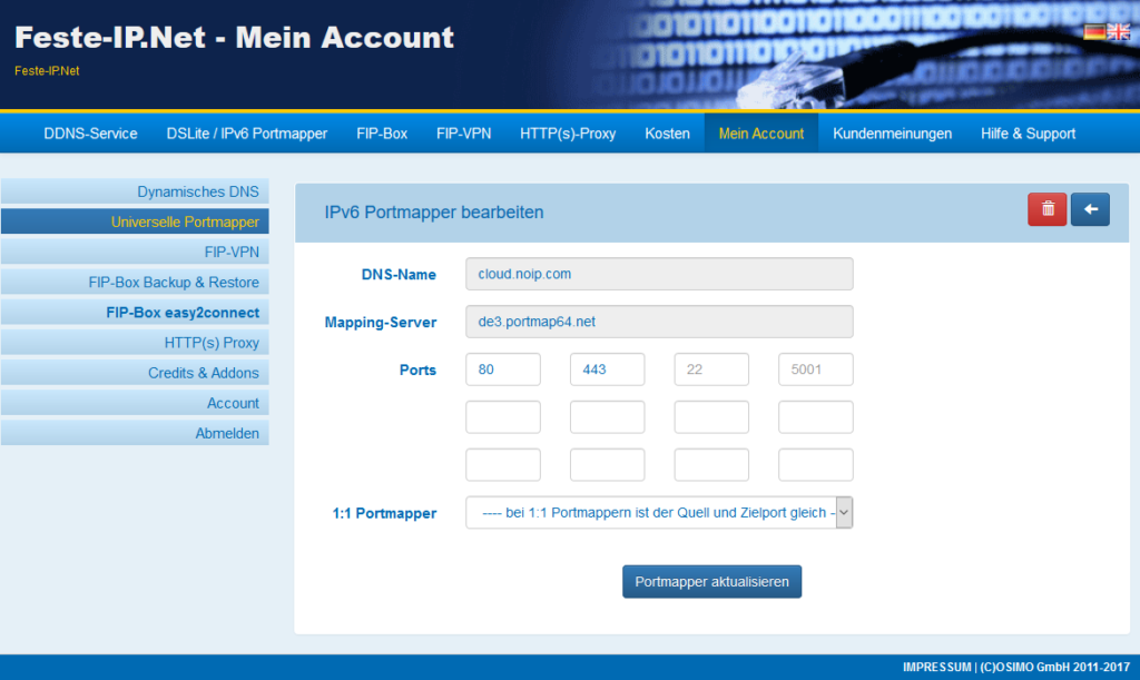 Eingerichteter Portmapper in feste-ip.net