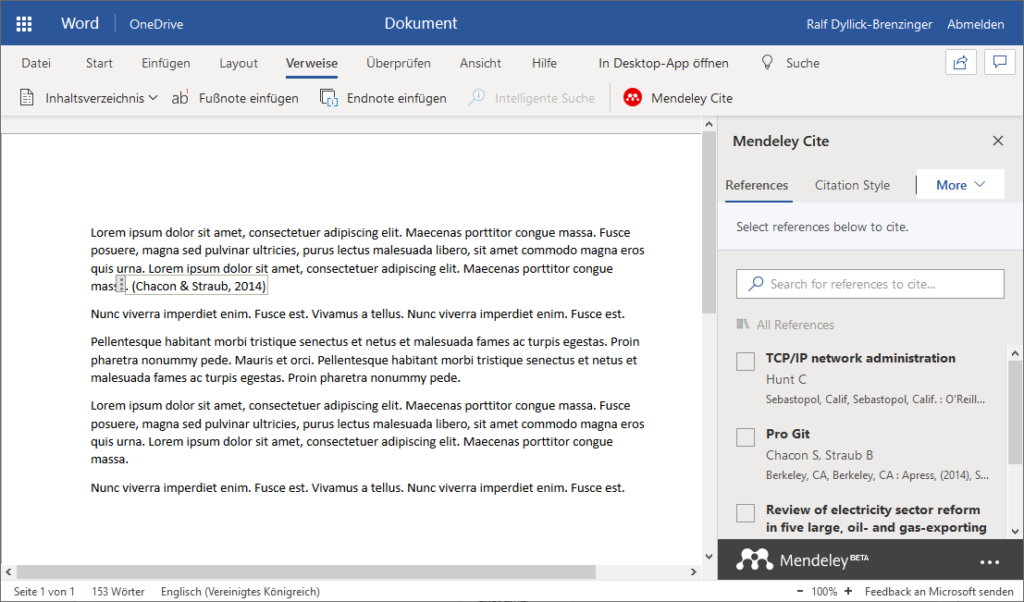 Microsoft Office Online mit Mendeley als Literaturverwaltungslösung