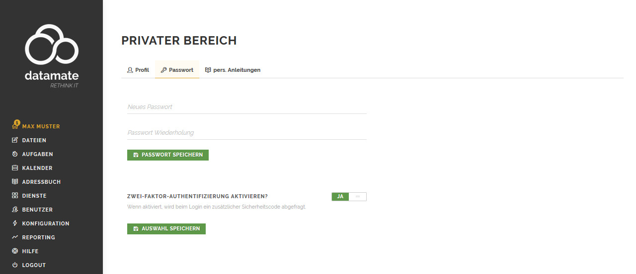 Änderung des Passworts und Aktivierung von 2FA im BENUTZERPROFIL