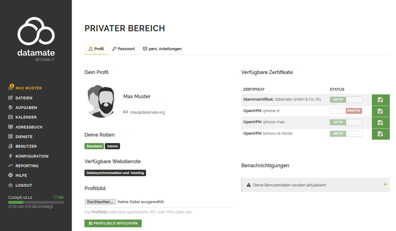 Einrichtung eines Stammzertifikats über das datamate Cockpit