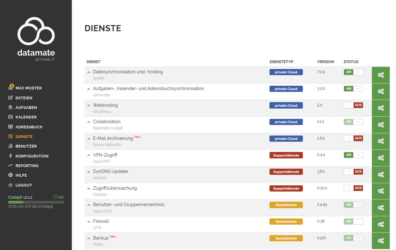 Start/Stop von Diensten im Bereich DIENSTE des datamate Cockpits