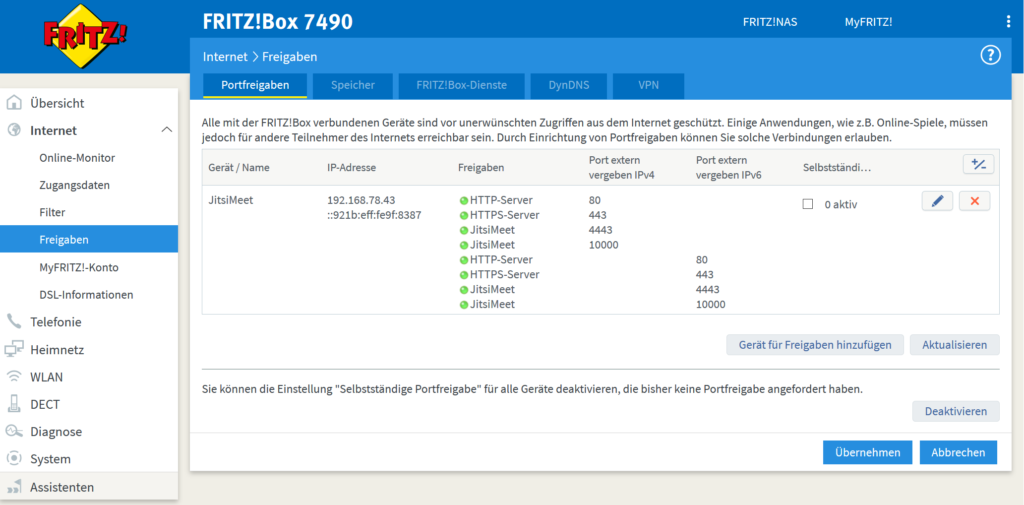 Portweiterleitungen in einer Fritz!Box für den Betrieb von Jitsi im Heimnetzwerk