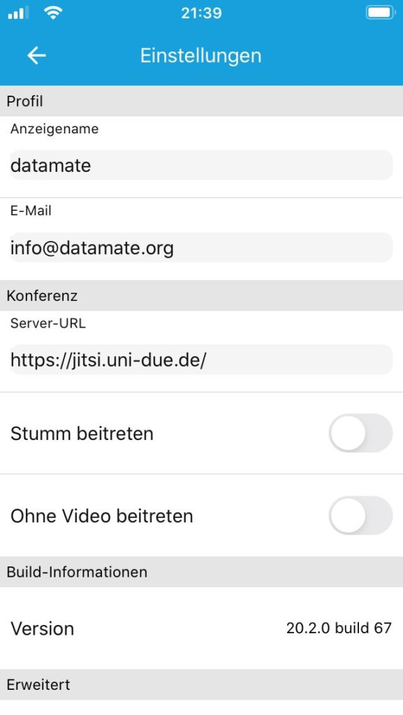 Einstellungen der Jitsi Meet App für iOS